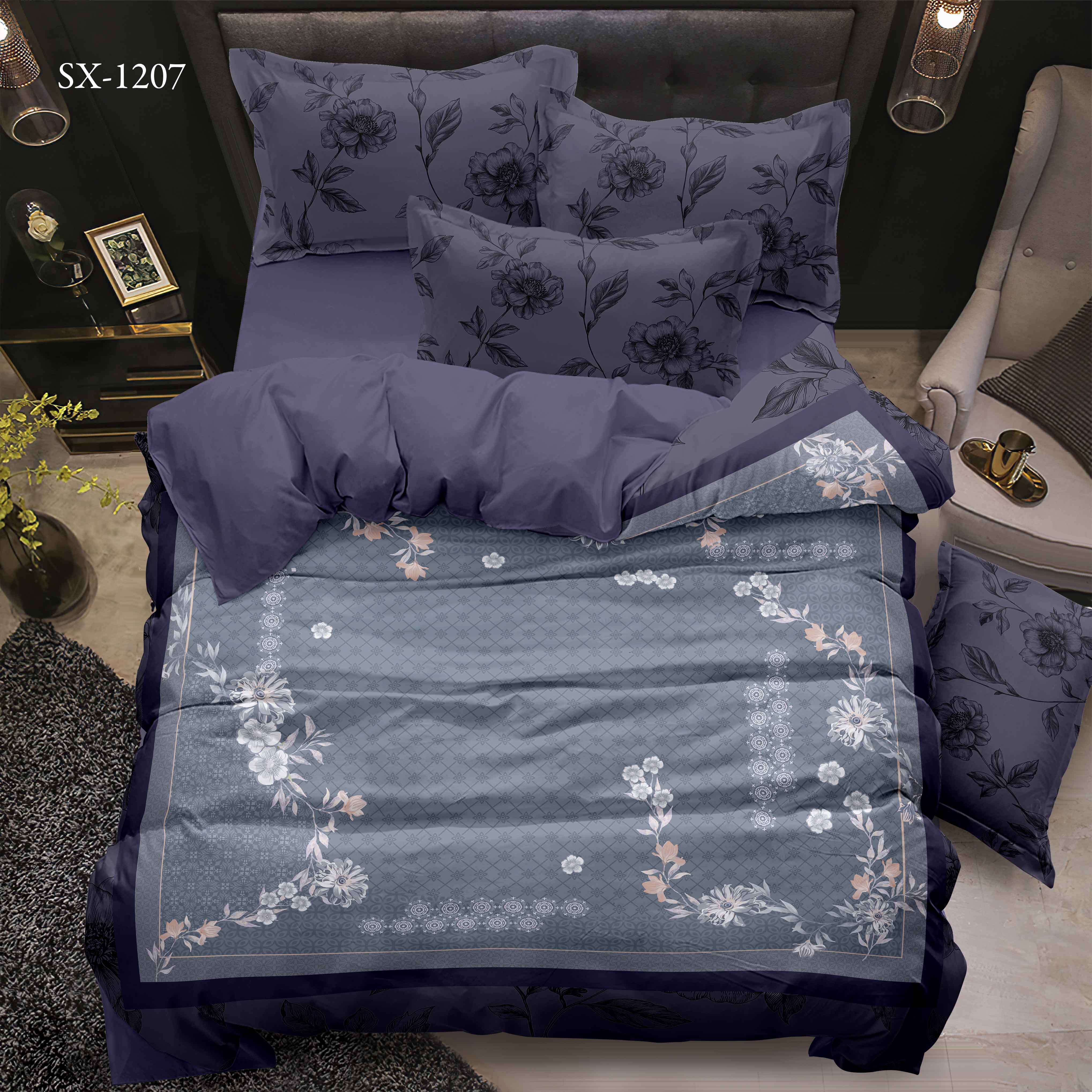 Foglio da letto stampato digitale 5D set con bordo floreale e design del motivo geometrico