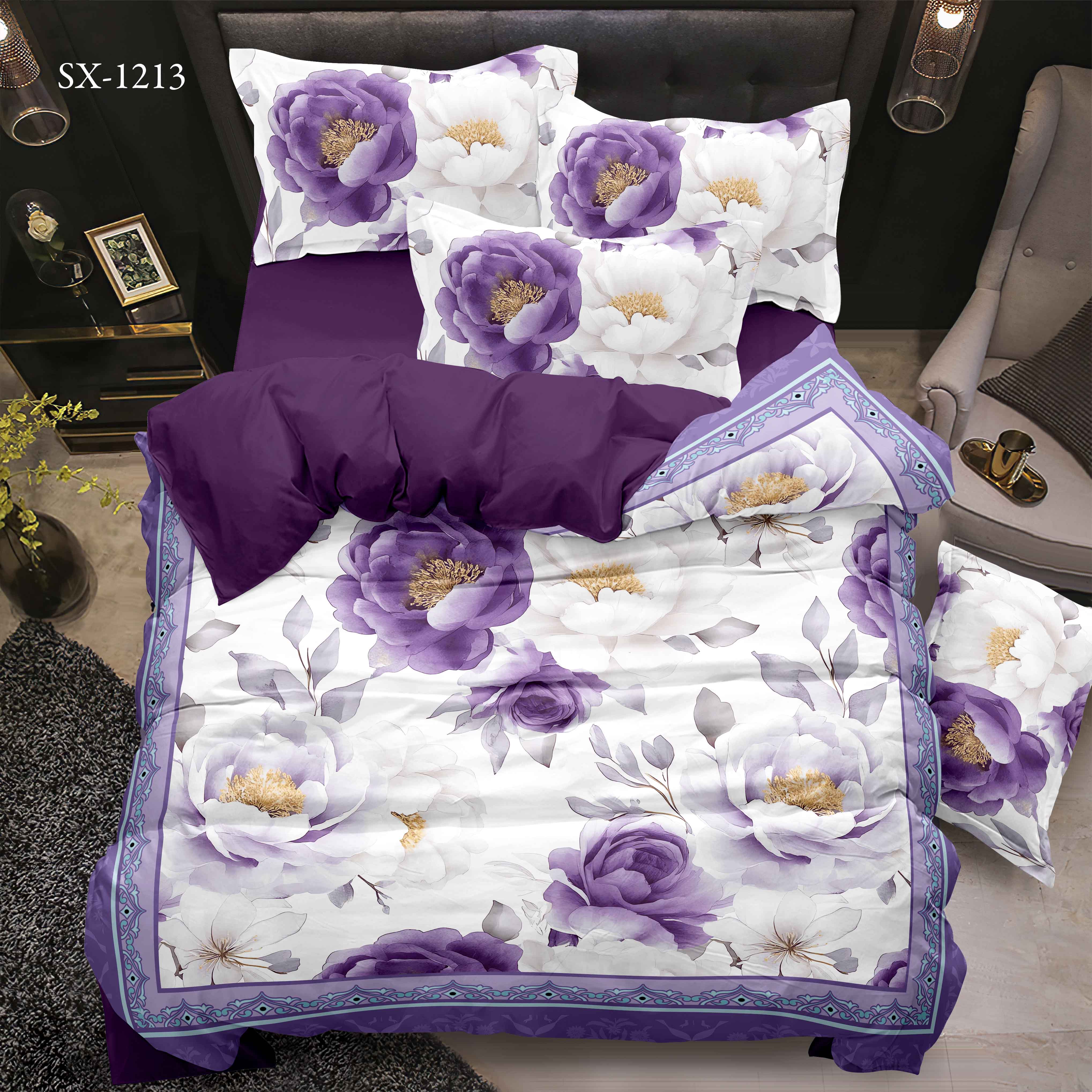 Foglio da letto stampato digitale 5D set floreale con peonia viola e design del bordo decorativo