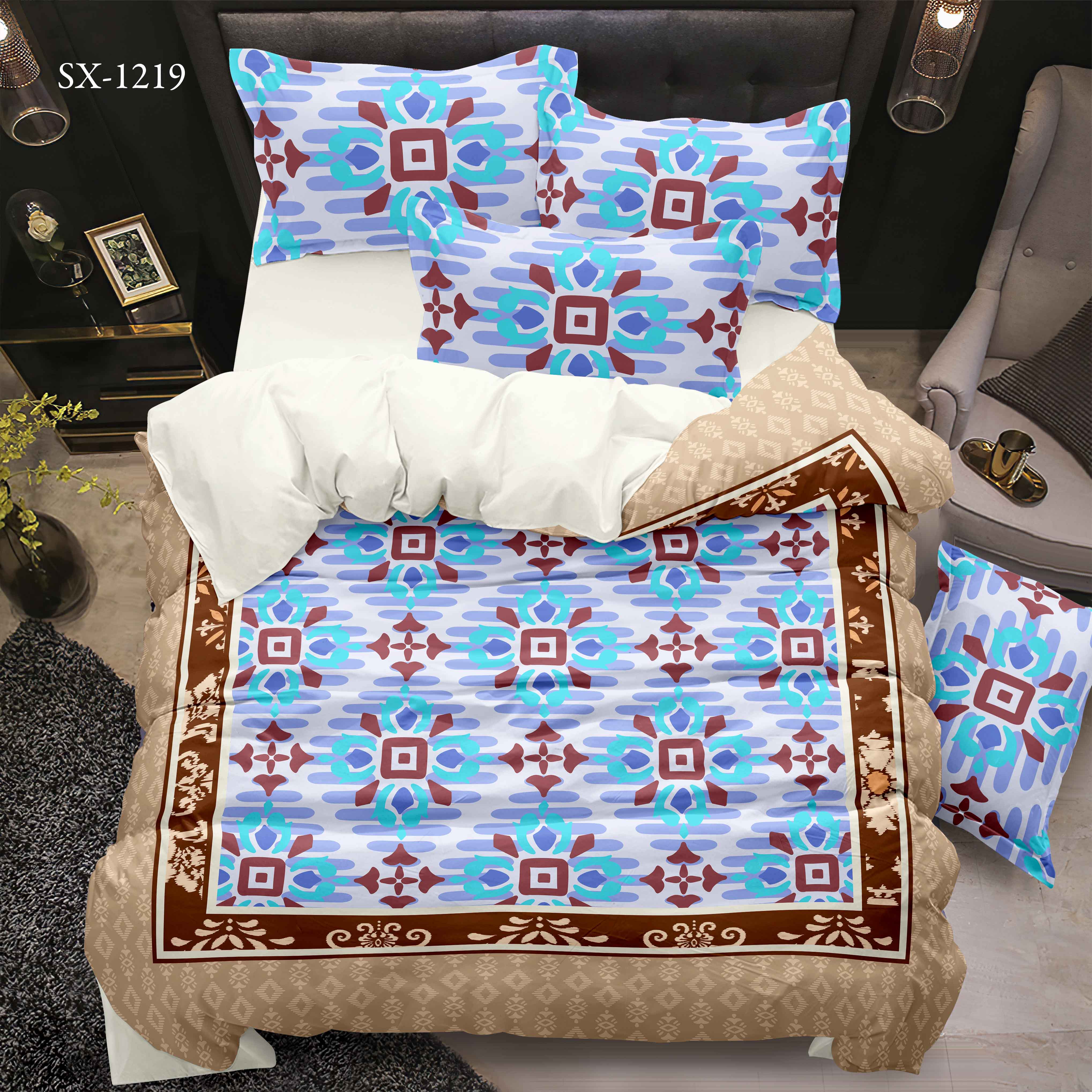 Foglio da letto stampato digitale 5D set con mosaico geometrico e design del bordo decorativo