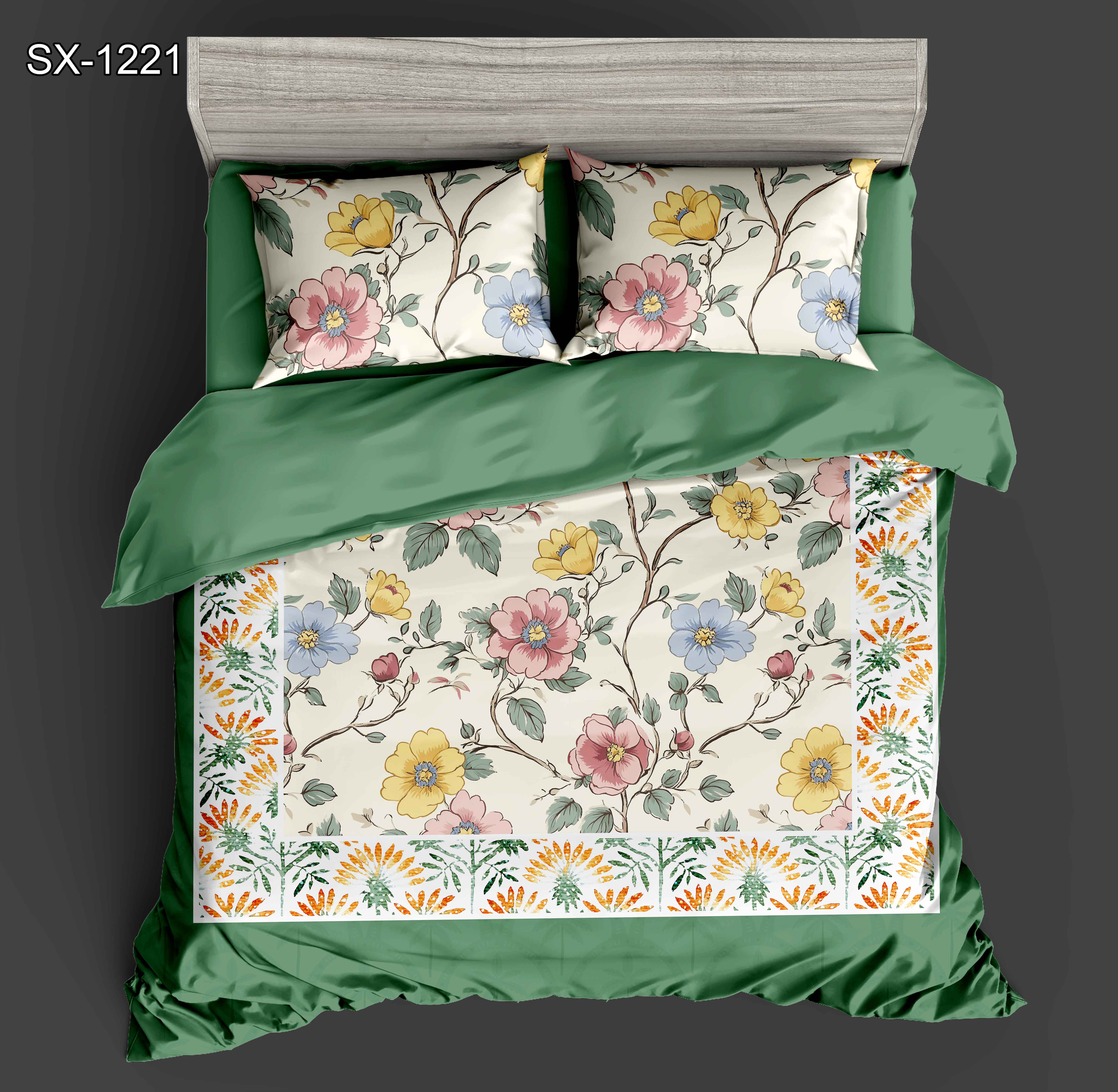 Foglio da letto stampato digitale 5D set floreale con fiore multicolore e design del bordo botanico