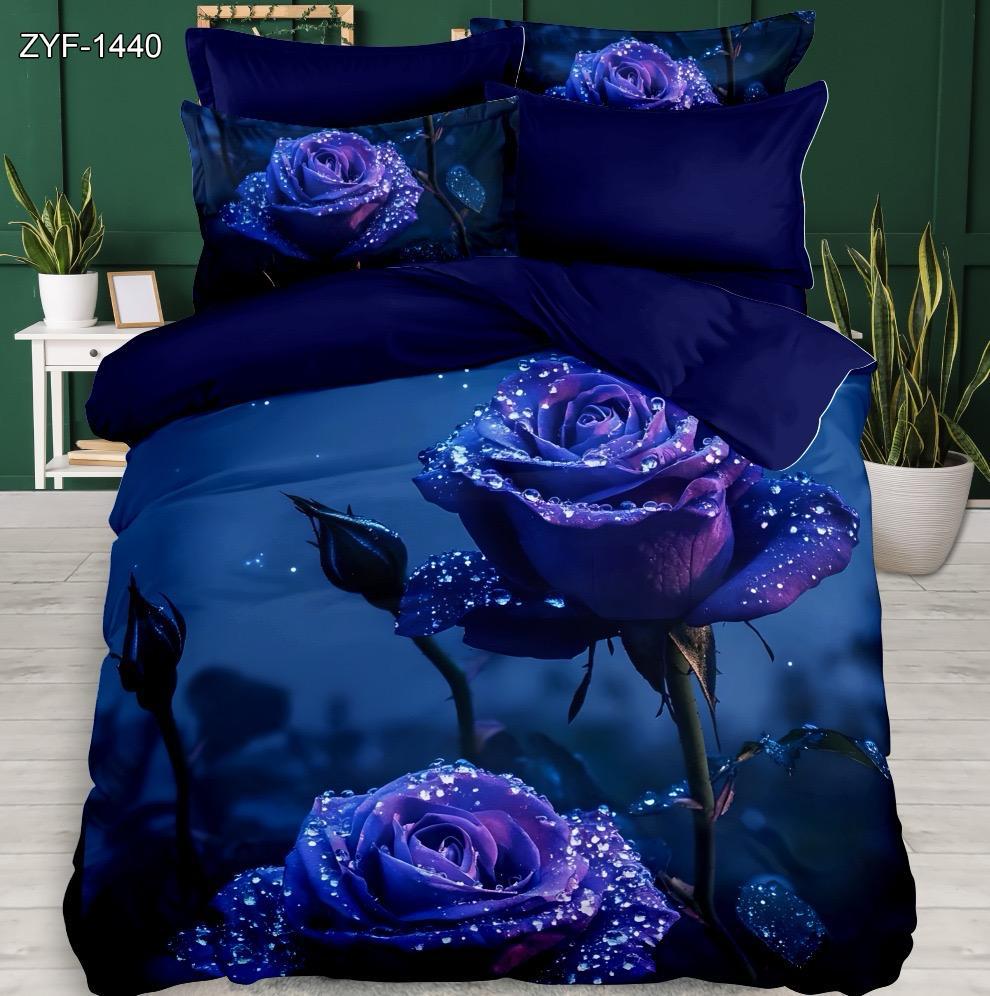 Foglio da letto stampato digitale 5D set floreale con rosa blu e design di dewdrop