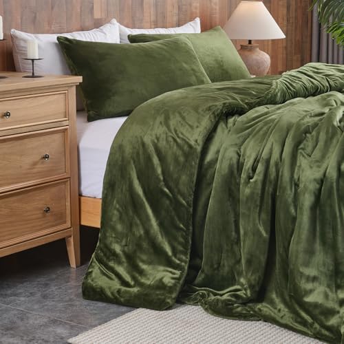 Set piumino in velluto verde foresta – Set di biancheria da letto trapuntato ultra morbido in 3 pezzi