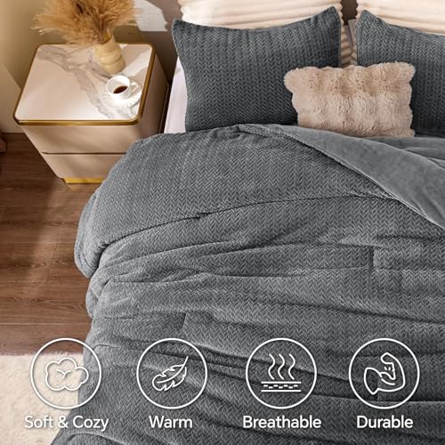 Set piumino reversibile in flanella e velluto lavorato a maglia – Set biancheria da letto in 3 pezzi con texture a foglie 3D