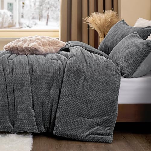 Set piumino reversibile in flanella e velluto lavorato a maglia – Set biancheria da letto in 3 pezzi con texture a foglie 3D