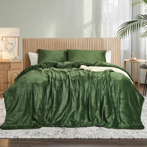 Set piumino in velluto verde foresta – Set di biancheria da letto trapuntato ultra morbido in 3 pezzi