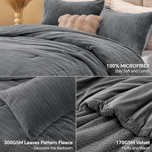 Set piumino reversibile in flanella e velluto lavorato a maglia – Set biancheria da letto in 3 pezzi con texture a foglie 3D