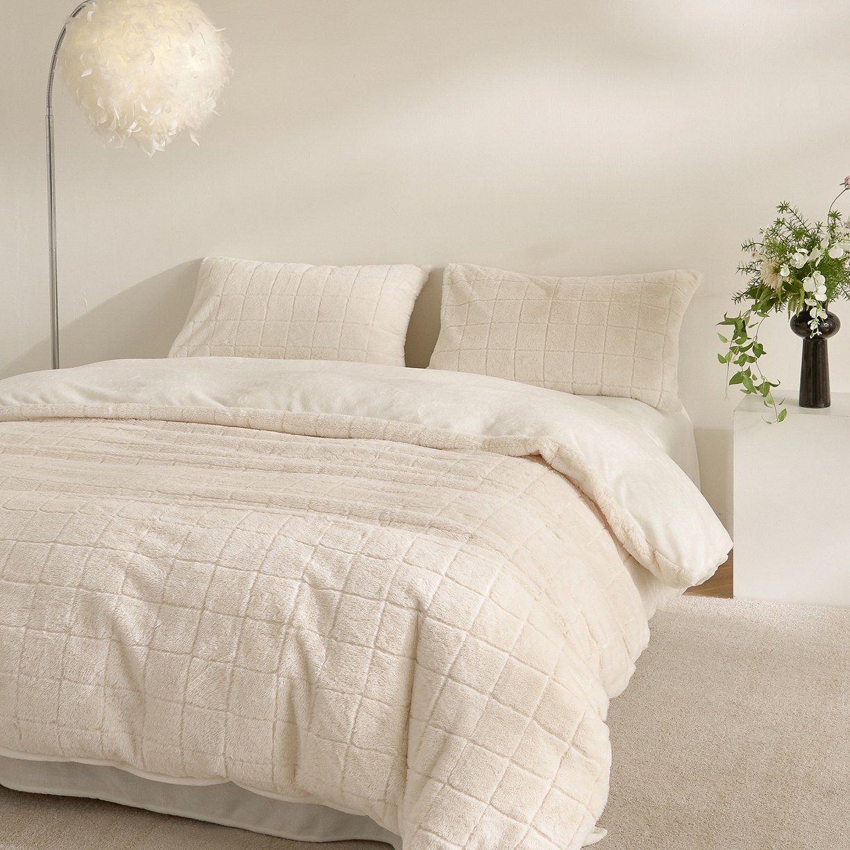 Set piumino in finta pelliccia di coniglio a quadretti e velluto di latte - Set di biancheria da letto in morbido jacquard da 3 pezzi