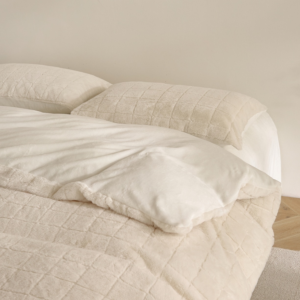 Set piumino in finta pelliccia di coniglio a quadretti e velluto di latte - Set di biancheria da letto in morbido jacquard da 3 pezzi