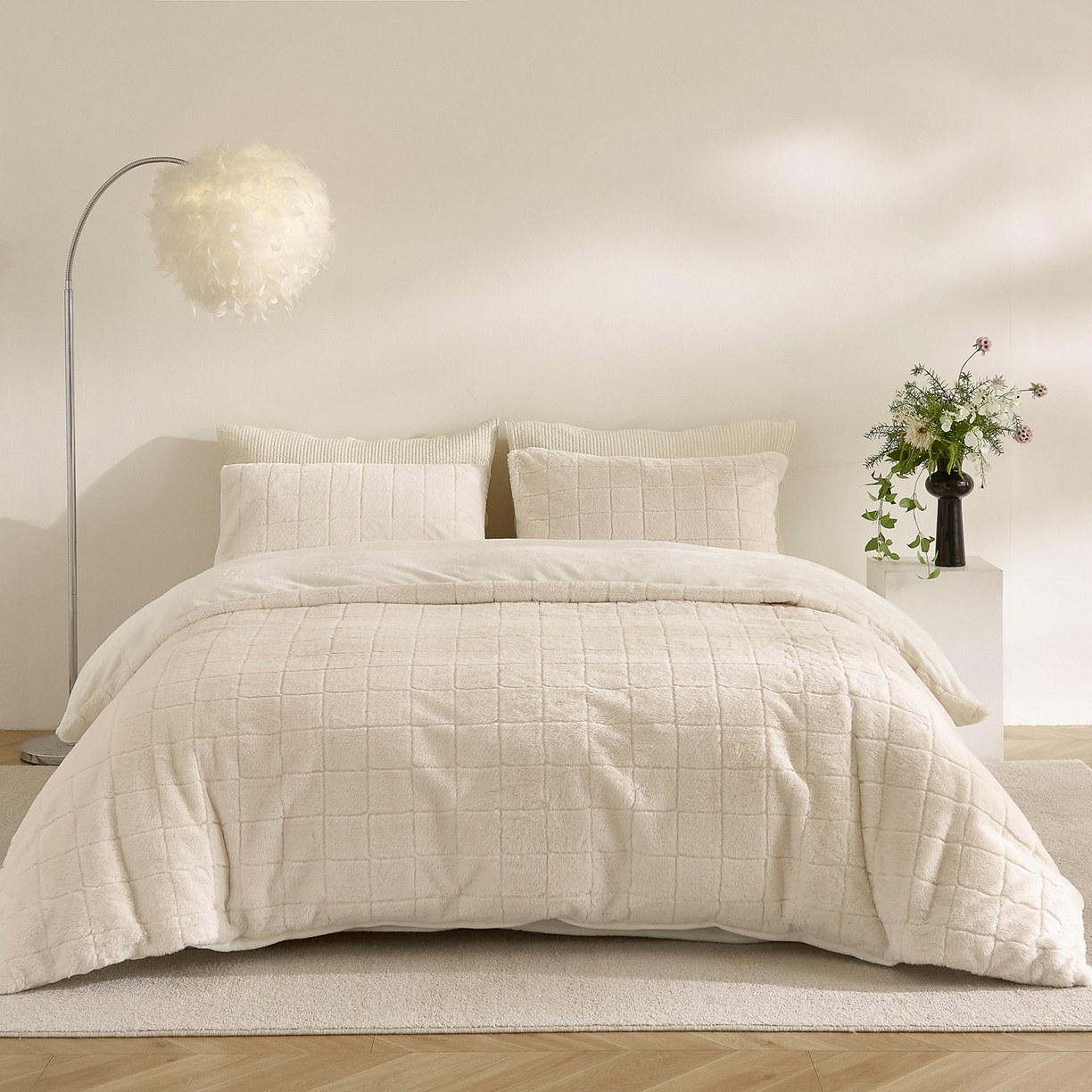 Set piumino in finta pelliccia di coniglio a quadretti e velluto di latte - Set di biancheria da letto in morbido jacquard da 3 pezzi